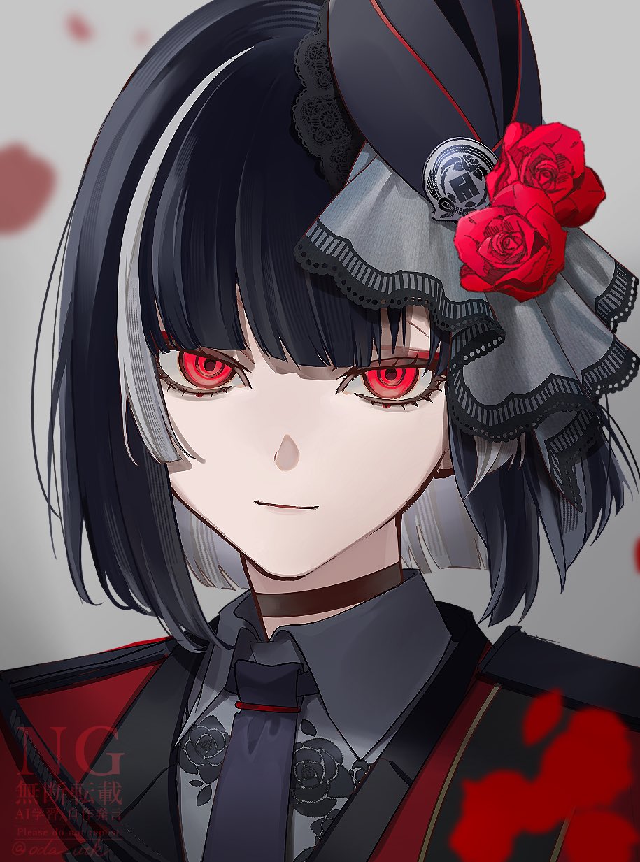 1boy, androgynous, black_choker, black_hair, black_hat, black_necktie, blunt_bangs, blunt_ends