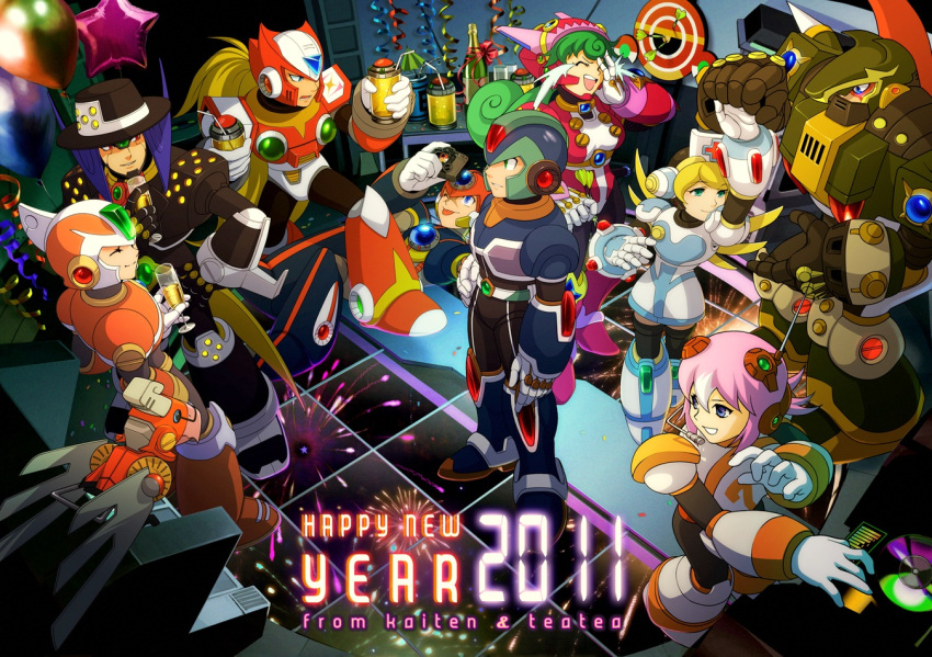 android, axl, axl_(mega_man), balloon, bird, blonde_hair, capcom, champagne