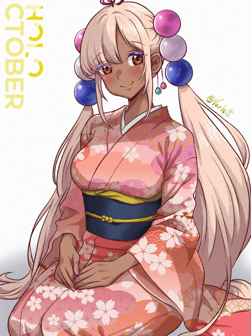 1girl, absurdres, alternate_costume, artist_name, asymmetrical_bangs, blush, breasts, brown_eyes, dark-skinned_female, dark_skin, english_text, floral_print, floral_print_kimono, hair_ornament, head_tilt, highres, hiki_furisode, hololive, hololive_english, japanese_clothes, kimono, limiter_(tsukumo_sana), long_hair, looking_at_viewer, multicolored_clothes, multicolored_kimono, obi, obijime, own_hands_together, pink_kimono, planet_hair_ornament, sash, seiza, sidelocks, sitting, solo, tsukumo_sana, twintails, twitter_username, varliet, virtual_youtuber, white_background