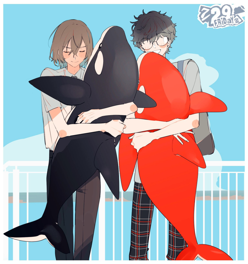2boys, akechi_gorou, amamiya_ren, black_hair, black_pants, blue_sky, blush, border