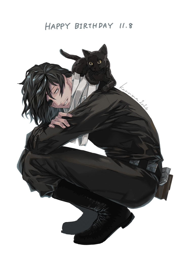 1boy, aizawa_shota, animal, animal_on_back, artist_name, beard_stubble, black_footwear, black_hair