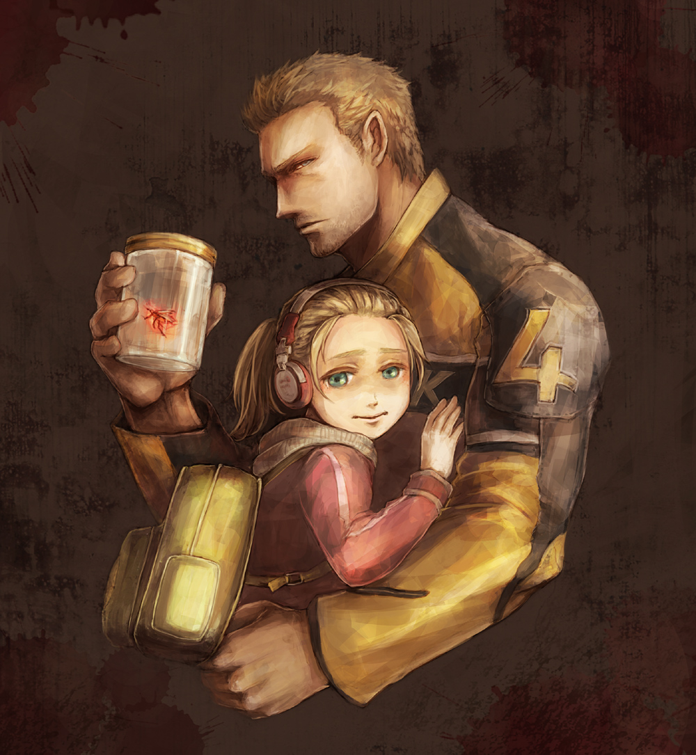 age_difference, bag, blonde_hair, chuck_greene, dead_rising, dead_rising_2, father_and_daughter, headphones, hug, jacket, jar, katey_greene, nishi_yukari, randoseru