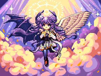 1girl, angel_wings, asymmetrical_wings, black_pantyhose, black_wings, demon_wings, double_bun, dress