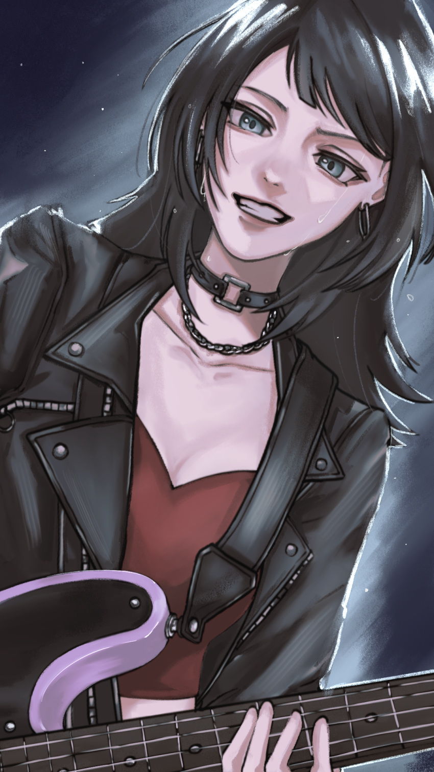 1girl, bang_dream!, bang_dream!_it's_mygo!!!!!, bass_guitar, black_hair, black_jacket, blush, chain