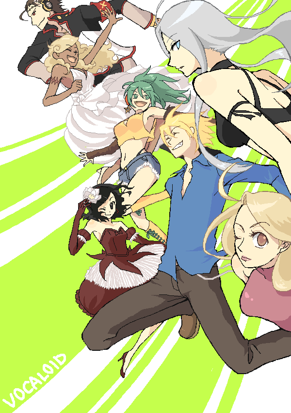 big_al, black_hair, blonde_hair, blue_eyes, brown_hair, dark_skin, dress, elbow_gloves