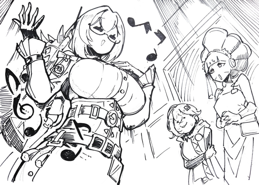 3girls, armor, belle_(zenless_zone_zero), breasts, closed_eyes, dress_shirt, gloves, greyscale
