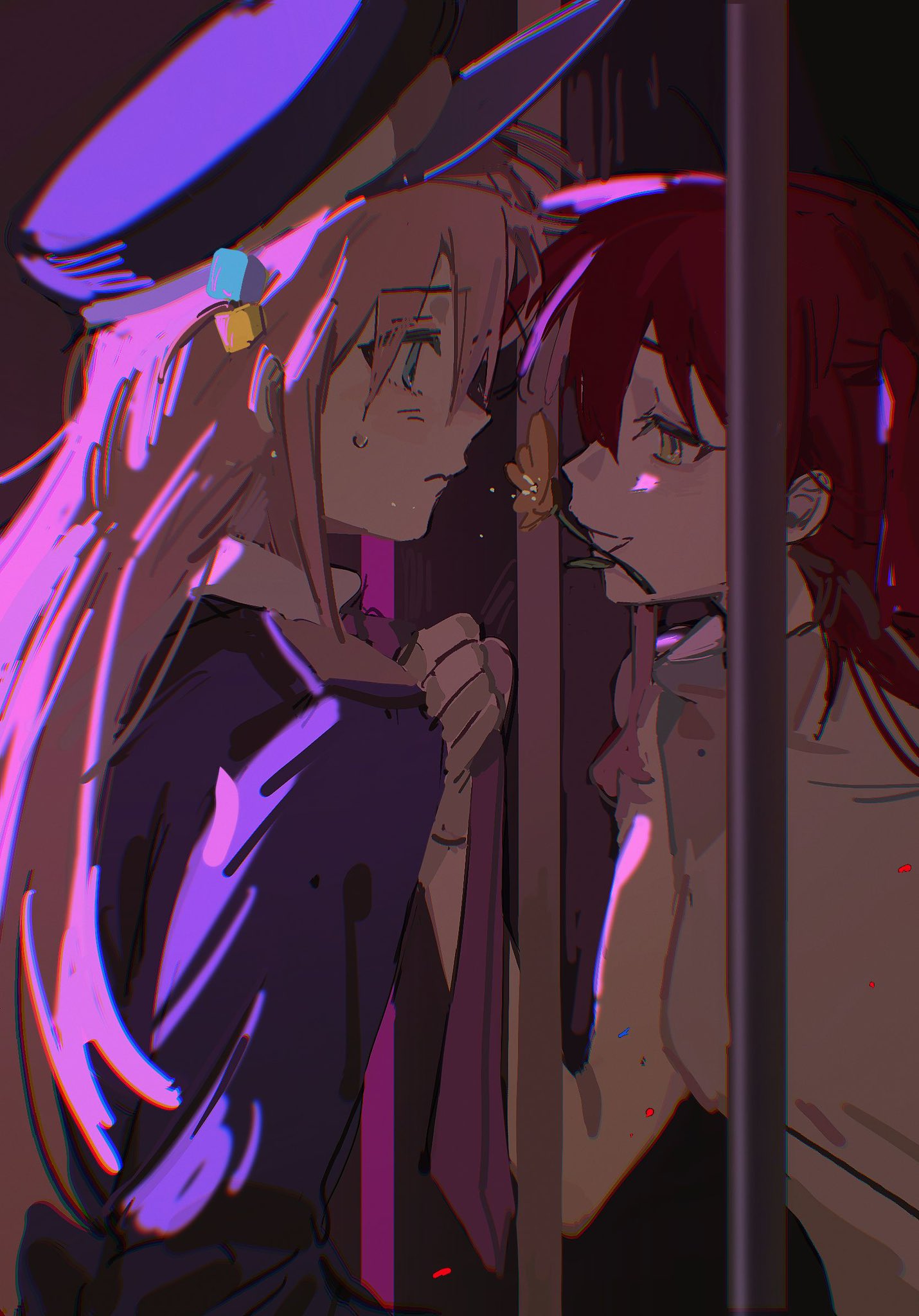 2girls, bars, blue_hat, blue_jacket, bocchi_the_rock!, breasts, cube_hair_ornament, flower_in_mouth