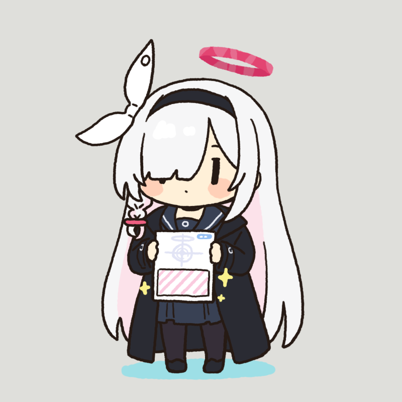 1girl, :/, black_coat, black_footwear, black_hairband, blue_archive, blue_sailor_collar, blue_serafuku