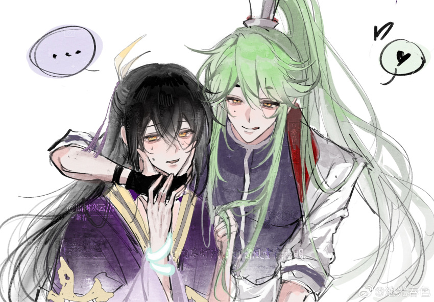 2boys, black_gloves, black_hair, chinese_clothes, dong_fang_wu_qiong, dong_fang_xian_yun, gloves, green_hair, heart, high_ponytail, highres, long_hair, long_sleeves, looking_at_viewer, multiple_boys, weibo_7234453545, wo_jia_dashi_xiong_naozi_you_keng, yellow_eyes