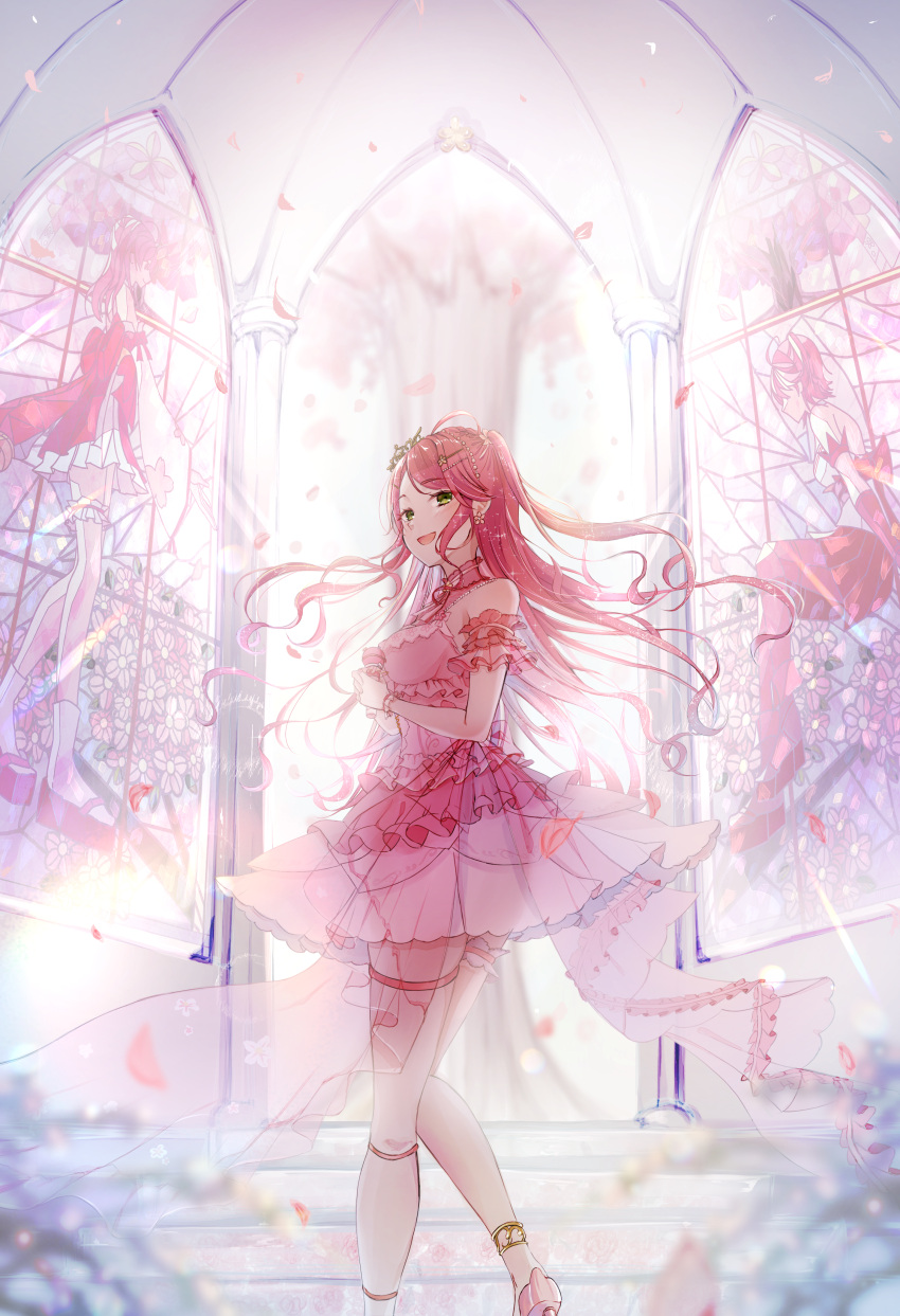 1girl, 6n0_w, absurdres, ahoge, anklet, breasts, bridal_garter, cherry_blossoms
