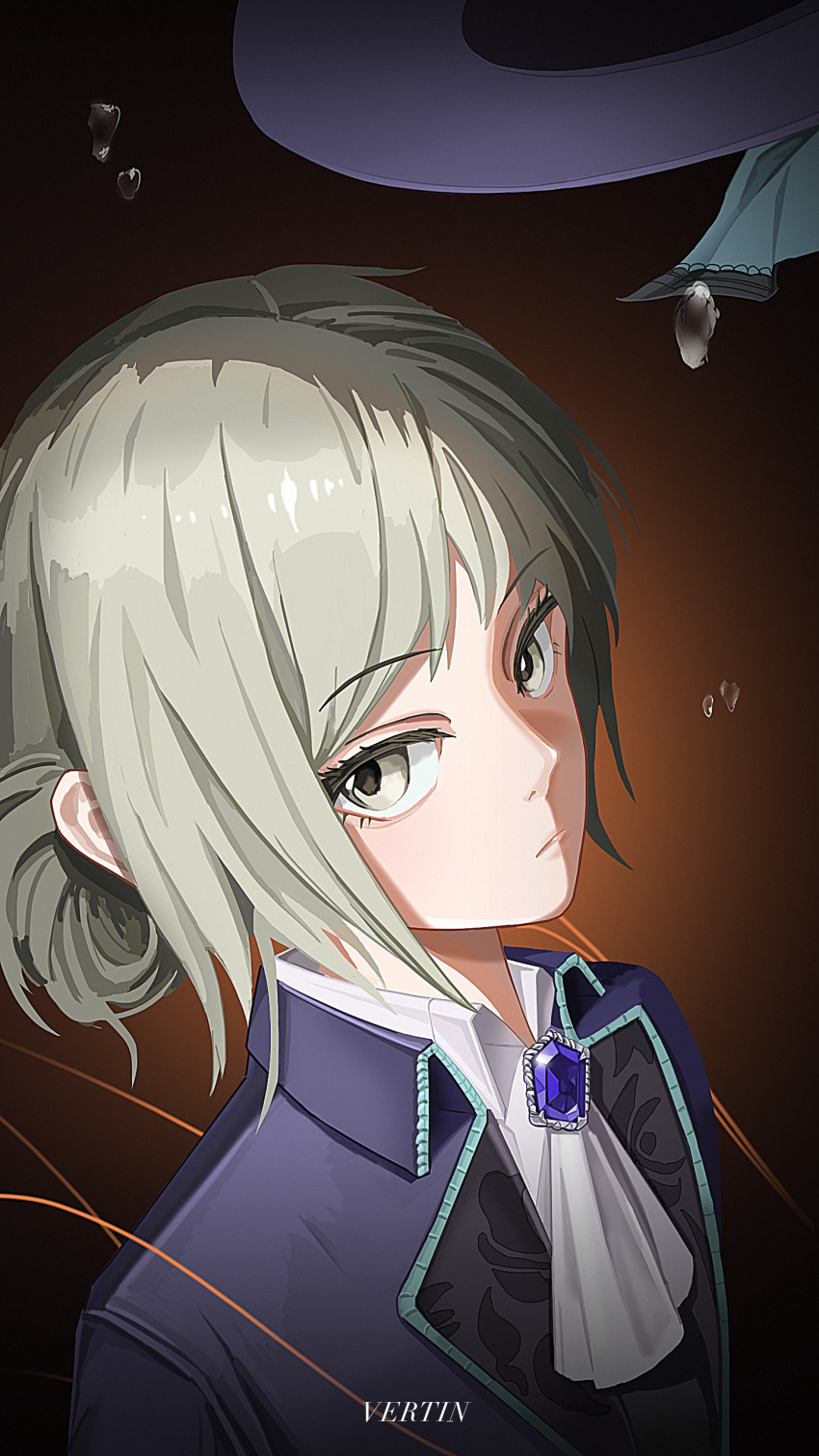 1girl, absurdres, ascot, bkk_(senmude), brown_background, character_name, closed_mouth, coat