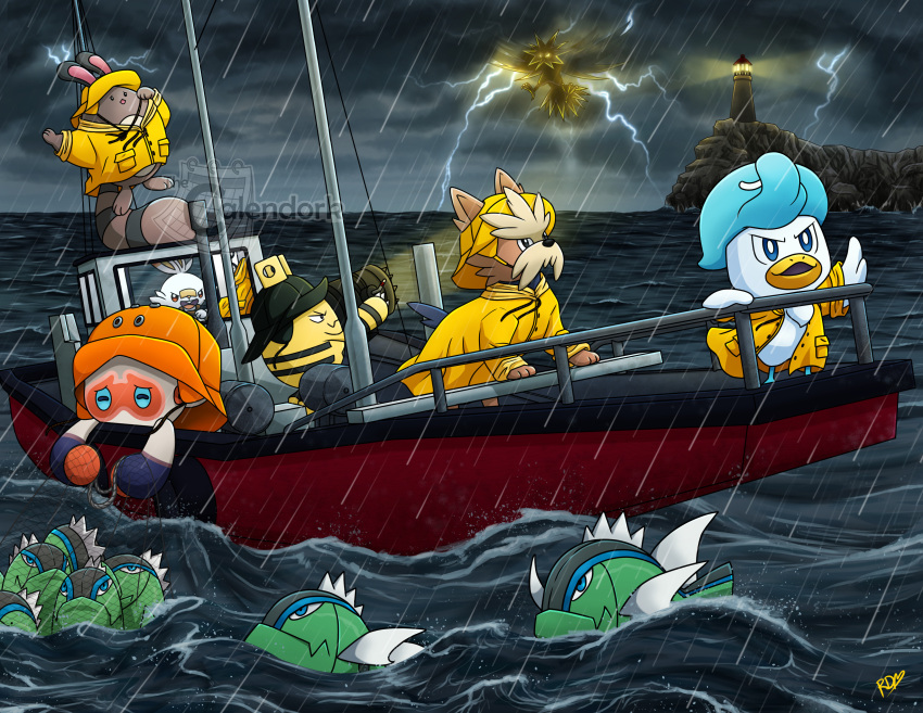 absurdres, artist_name, basculin, basculin_(blue), blue_eyes, boat, bucket_hat, clobbopus