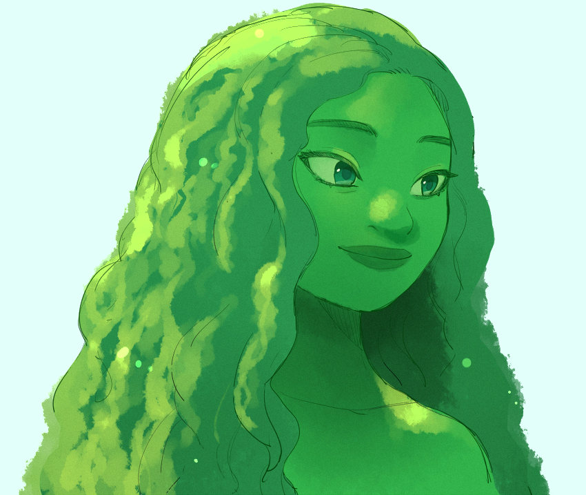 1girl, colored_skin, disney, green_eyes, green_hair, green_skin, long_hair, moana_(movie), monster_girl, pano_(mohayayamai), plant_girl, portrait, simple_background, solo, te_fiti, white_background