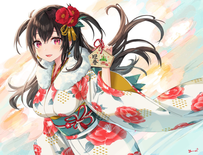 1girl, :d, black_hair, blush, breasts, commission, ema, floral_print, floral_print_kimono, flower, fur-trimmed_kimono, fur_trim, hair_flower, hair_ornament, holding_ema, japanese_clothes, kaguya_(yui_taiwan), kimono, large_breasts, long_hair, long_sleeves, looking_at_viewer, new_year, obi, original, red_eyes, red_flower, sash, second-party_source, signature, skeb_commission, smile, solo, two_side_up, white_kimono, wide_sleeves, yu-ri_(arium047)