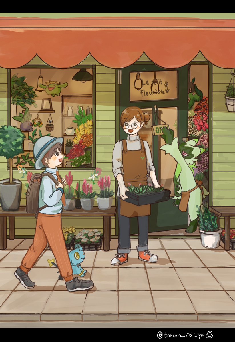 1boy, 1girl, :d, apron, backpack, bag, black_eyes, black_footwear