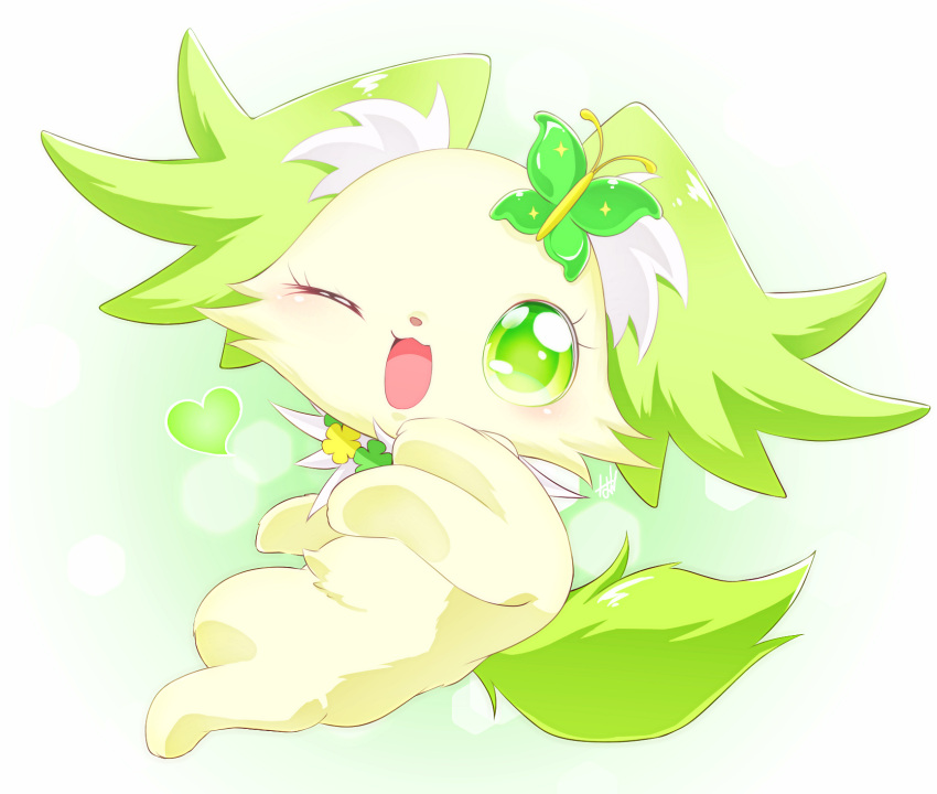 animal_focus, animalization, butterfly_hair_ornament, commentary_request, creature, dog, green_eyes, green_theme