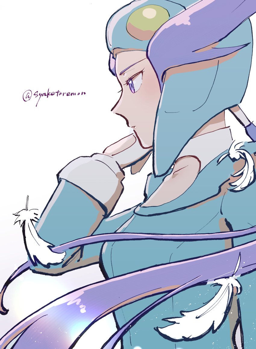 1girl, absurdres, feathers, from_side, helmet, highres, kirinogi_(syaketoremon), pilot_helmet, pokemon, pokemon_oras, purple_hair, simple_background, solo, violet_eyes, white_background, winona_(pokemon)