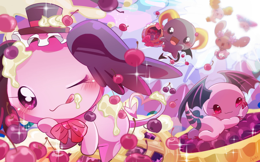 1boy, 5girls, azuki_(cinnamoroll), berry_(sanrio), black_skin, cherry, cherry_(full_demon)_(sanrio), cherry_(sanrio)