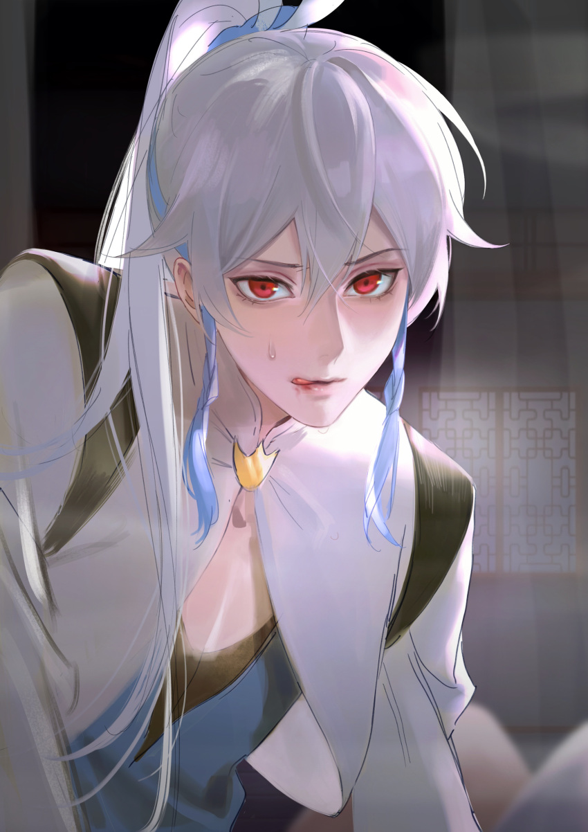 1boy, absurdres, chinese_clothes, coat, hair_between_eyes, high_ponytail, highres, long_hair, long_sleeves, looking_at_viewer, male_focus, red_eyes, shi_shi_hane, solo, white_coat, wo_jia_dashi_xiong_naozi_you_keng, yin_fei_xing