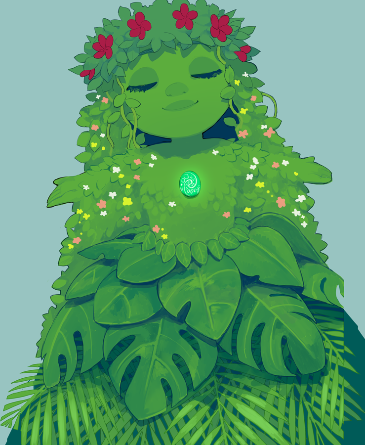 1girl, blue_background, closed_eyes, colored_skin, disney, flower, green_hair, green_skin