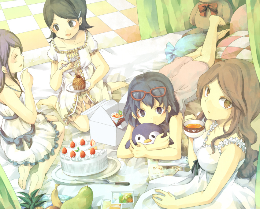 aki-t, barefoot, bird, blue_hair, brown_hair, cake, eating, food, glasses, glasses_on_head, green_hair, inazuma_eleven, inazuma_eleven_(series), kino_aki, kudou_fuyuka, long_hair, looking_up, multiple_girls, otonashi_haruna, penguin, purple_hair, raimon_natsumi, short_hair, smile, stuffed_animal, stuffed_toy, tea