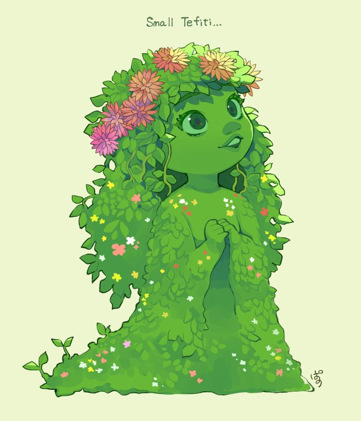 1girl, character_name, colored_skin, disney, flower, green_eyes, green_hair, green_skin, long_hair, moana_(movie), monster_girl, orange_flower, pano_(mohayayamai), pink_flower, plant_girl, simple_background, solo, te_fiti, white_background
