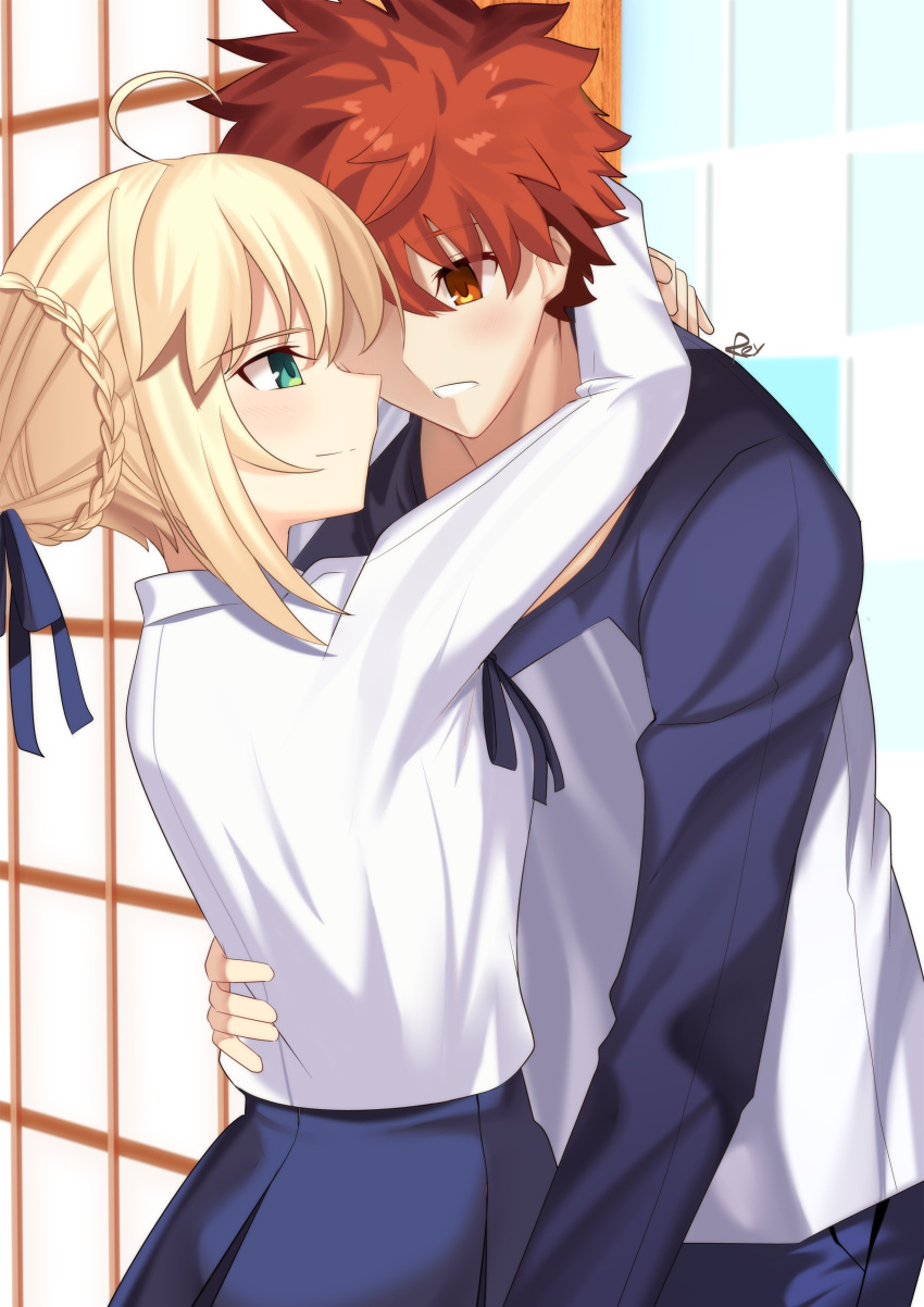 1boy, 1girl, absurdres, ahoge, artist_name, artoria_pendragon_(fate), blonde_hair, blouse