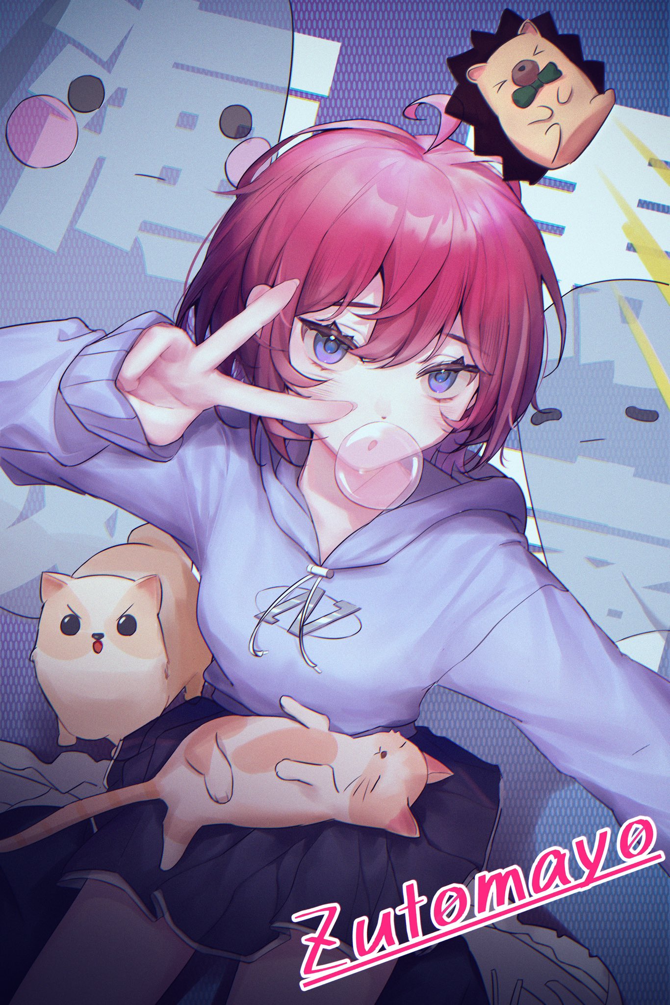 1girl, ahoge, animal_on_lap, black_dress, black_socks, bong_(zutomayo), cat, chewing_gum