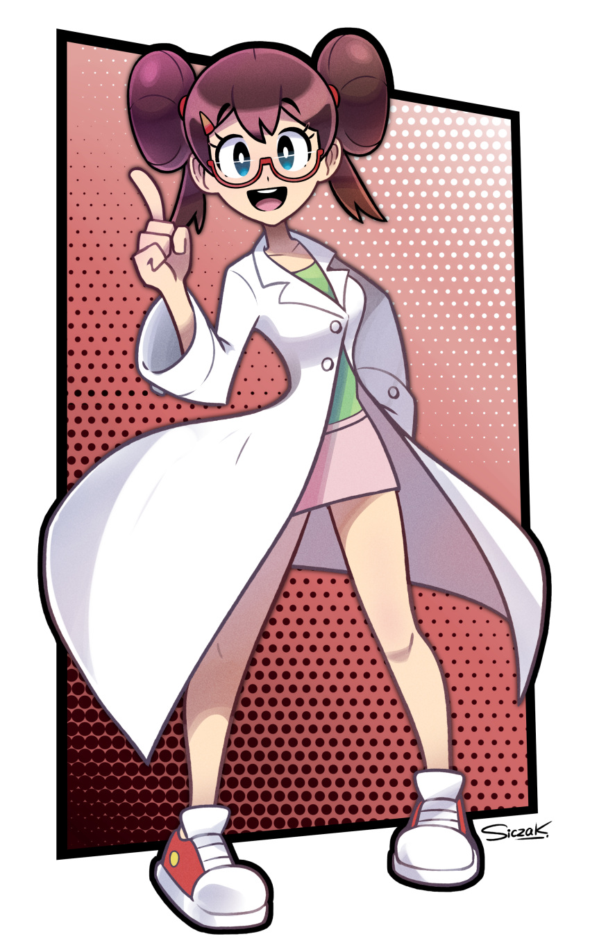 1girl, absurdres, arm_behind_back, blue_eyes, brown_hair, double_bun, full_body, glasses