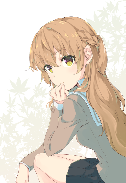 1girl, breasts, brown_hair, half_up_braid, hand_on_own_chin, long_hair, looking_at_viewer, looking_back