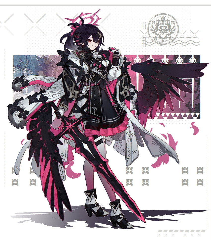 1girl, absurdres, black_hair, black_skirt, boots, breasts, commission, falling_feathers