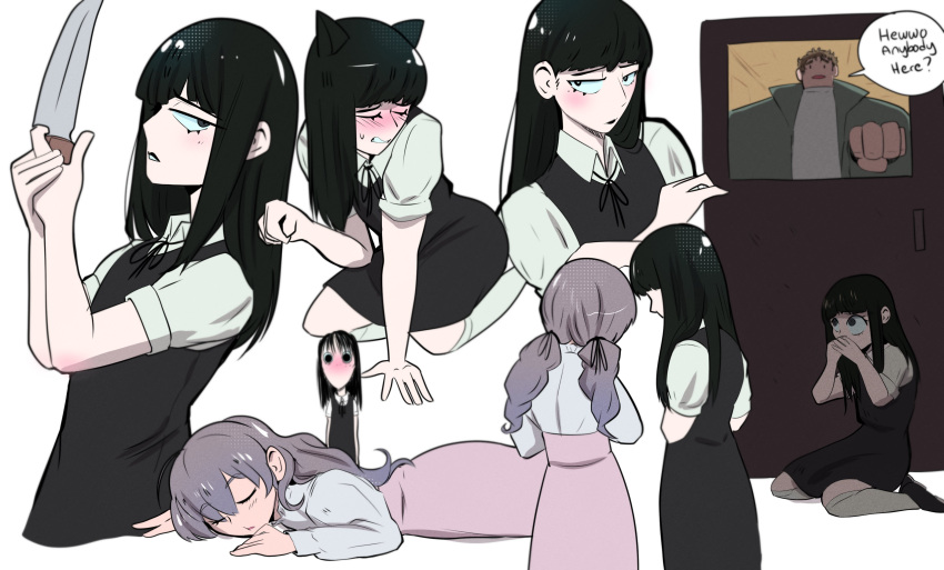 1boy, 2girls, absurdres, all_fours, animal_ears, black_dress, black_footwear, black_hair, black_ribbon, blush, brown_hair, cat_ears, cat_girl, clenched_teeth, closed_eyes, collared_shirt, commentary, covering_own_mouth, crossed_arms, door, dress, embarrassed, english_text, fear_&amp;_hunger_(series), fear_&amp;_hunger_2:_termina, from_behind, hair_ribbon, highres, holding, holding_knife, implied_yuri, kemonomimi_mode, knife, long_hair, long_sleeves, looking_at_another, looking_at_viewer, lying, marcoh_(fear_&amp;_hunger), marina_(fear_&amp;_hunger), multiple_girls, multiple_views, on_stomach, onac911, parted_lips, paw_pose, pinafore_dress, pink_skirt, ribbon, samarie_(fear_&amp;_hunger), shirt, shirt_tucked_in, shoes, short_hair, short_sleeves, skirt, sleeping, sleeveless, sleeveless_dress, socks, speech_bubble, teeth, twintails, white_shirt, white_socks