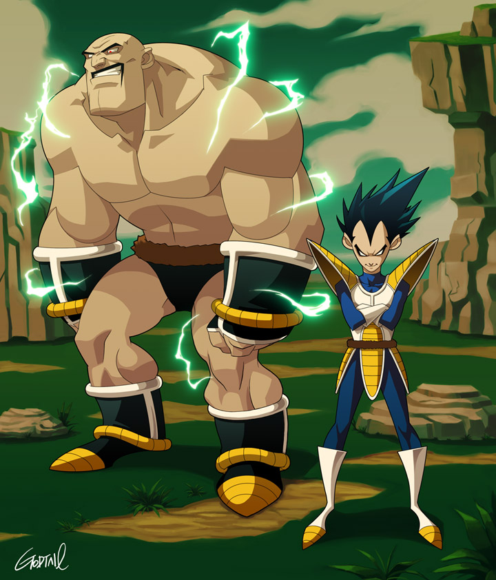 2009, armlet, black_hair, black_male_underwear, blue_suit, broad_shoulders, clenched_teeth, crossed_arms, dragon_ball, dragon_ball_(classic), electricity, evil_grin, evil_smile, facial_hair, fu_manchu_(mustache), godtail, green_sky, grin, jewelry, long_mustache, male_underwear, monkey_tail, muscular, muscular_male, mustache, nappa, red_eyes, saiyan, size_difference, sky, smile, spiky_hair, suit, tail, teeth, toon_(style), underwear, vegeta