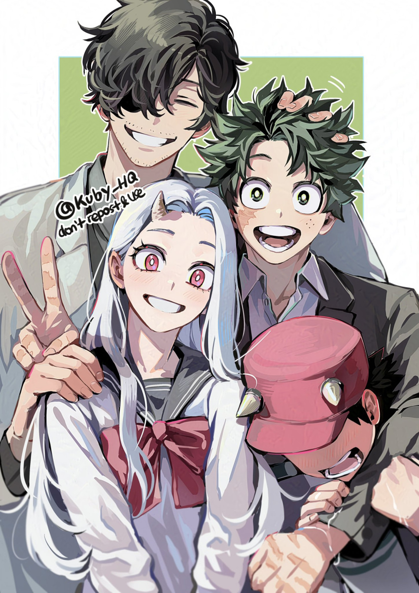1girl, 3boys, aged_up, aizawa_shota, black_suit, blush, boku_no_hero_academia, business_suit, collared_shirt, eri_(boku_no_hero_academia), formal_clothes, grey_hair, grin, height_difference, highres, horns, izumi_kota, kuby_hq, long_hair, long_sleeves, midoriya_izuku, multiple_boys, necktie, official_alternate_costume, official_alternate_hairstyle, open_mouth, red_eyes, scar, scar_on_face, shirt, single_horn, smile, suit, v, white_shirt