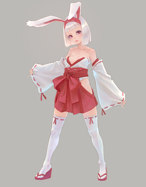 animal_ears, bare_shoulders, bob_cut, bunny_ears, detached_sleeves, fake_animal_ears, hakama, hakama_skirt