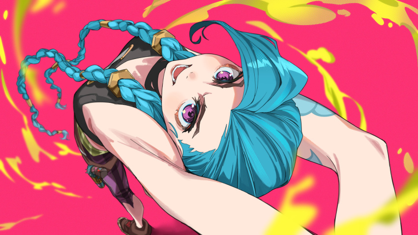 1girl, absurdres, arm_tattoo, arms_up, bent_back, blue_hair, braid, breasts