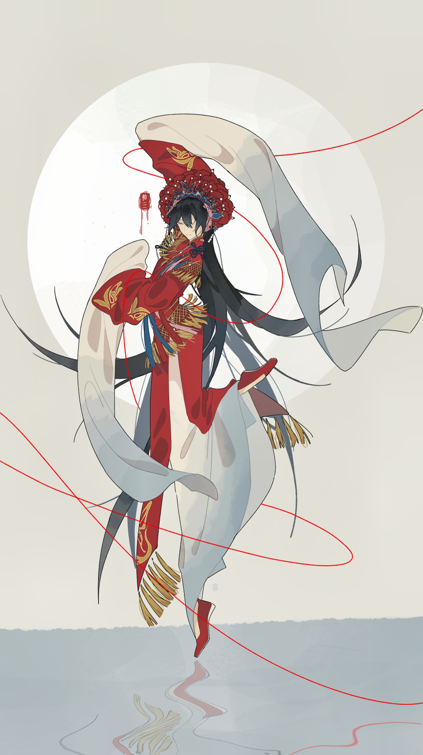 1boy, absurdres, alternate_costume, black_hair, chinese_clothes, dong_fang_xian_yun, fengguan, full_body, highres, long_hair, long_sleeves, looking_at_viewer, peking_opera, qing_dynasty, solo, string, string_of_fate, tassel, very_long_sleeves, wo_jia_dashi_xiong_naozi_you_keng, yanli27777, yunjian, yuntouxie