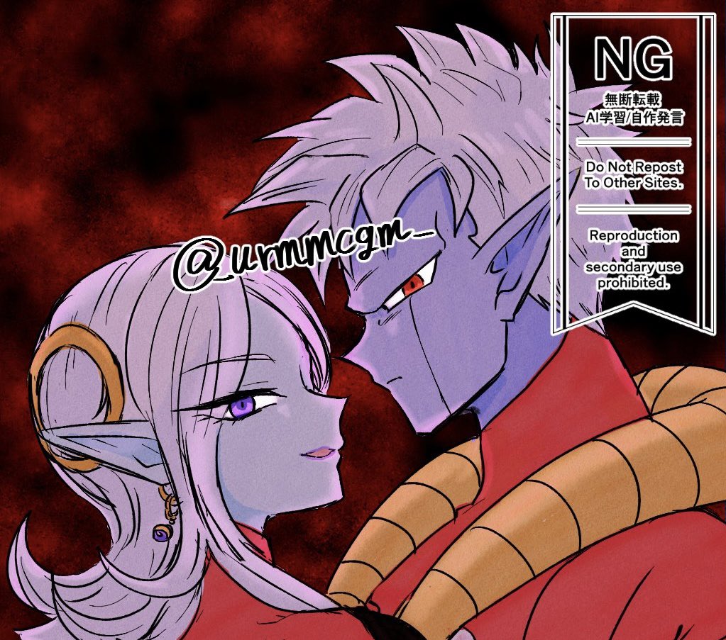 1boy, 1girl, blue_skin, bodysuit, colored_skin, commentary, couple, demon_boy, demon_girl, dragon_ball, dragon_ball_online, dragon_ball_xenoverse, earrings, hair_ornament, hetero, husband_and_wife, jewelry, long_hair, looking_at_viewer, mira_(dragon_ball), mochigome_(urmmcgm), muscular, muscular_male, open_mouth, pointy_ears, potara_earrings, profile, purple_lips, red_bodysuit, red_eyes, short_hair, sketch, spiky_hair, towa_(dragon_ball), twitter_username, upper_body, violet_eyes, white_hair