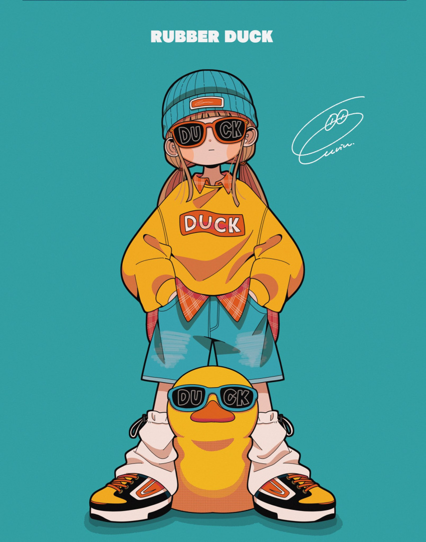 1girl, beanie, blue-framed_eyewear, blue_background, blue_hat, blue_shorts, blush_stickers, brown_hair