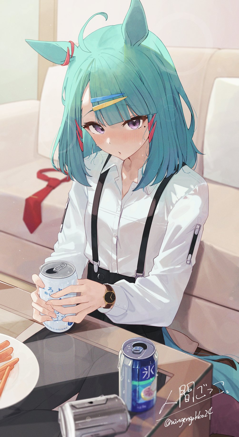 1girl, ahoge, animal_ears, aqua_hair, black_pants, blush, can, collared_shirt