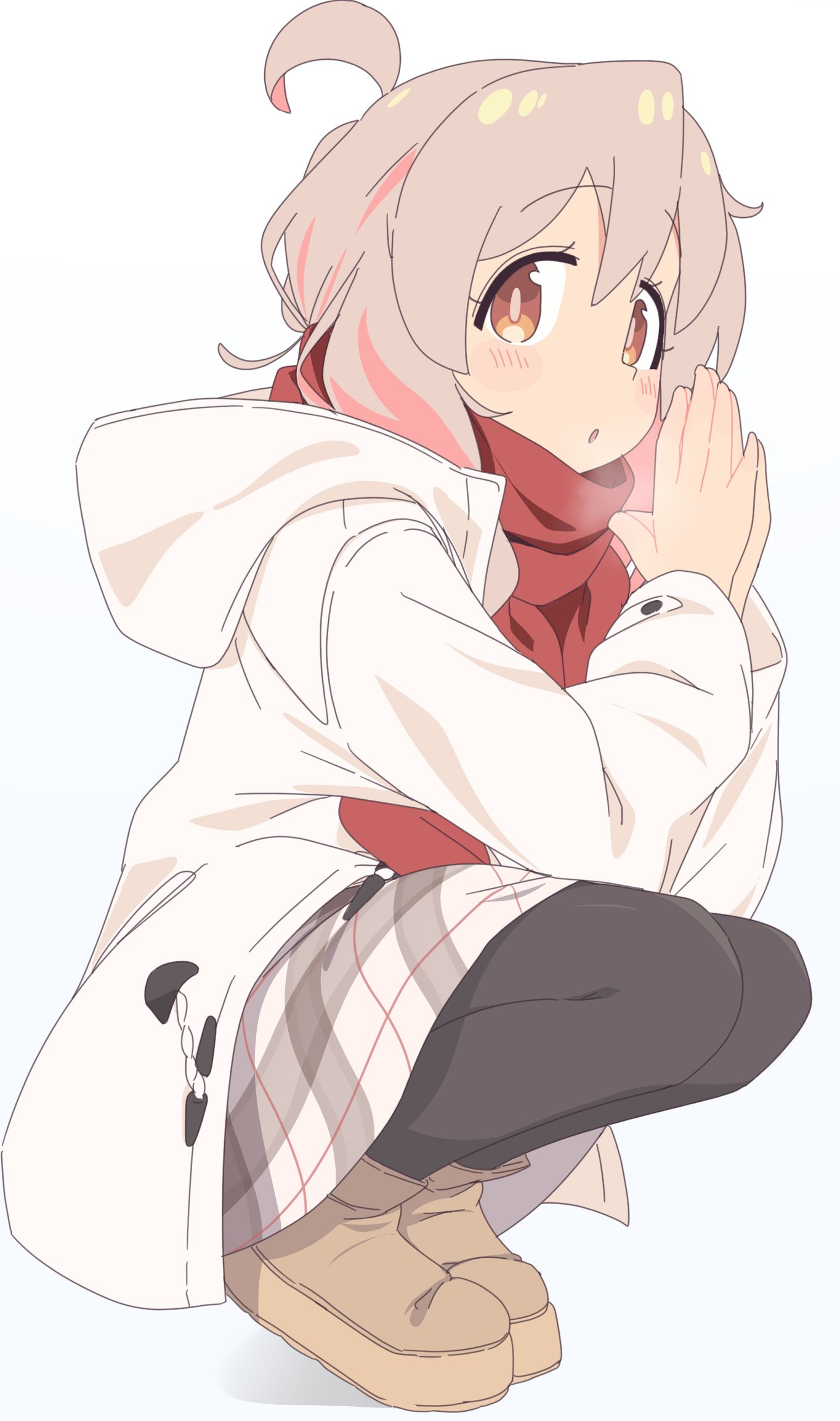 1girl, 4uyh, ahoge, black_pantyhose, breath, breathing_on_hands, brown_eyes, coat