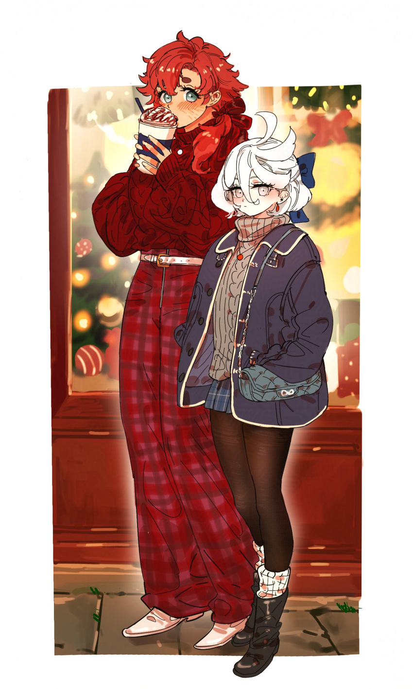 2girls, absurdres, aran_sweater, belletaku, black_footwear, black_pantyhose, blue_bow, blue_eyes, blue_jacket, blue_skirt, blush, boots, bow, cable_knit, christmas, closed_mouth, commentary, cup, disposable_coffee_cup, disposable_cup, earrings, grey_eyes, grey_sweater, gundam, gundam_suisei_no_majo, hair_bow, hashtag-only_commentary, highres, holding, holding_cup, jacket, jewelry, long_hair, long_sleeves, looking_at_viewer, miorine_rembran, multiple_girls, outdoors, pants, pantyhose, plaid_clothes, plaid_pants, pleated_skirt, red_pants, red_sweater, redhead, scar, scar_on_face, skirt, suletta_mercury, sweater, white_footwear, white_hair