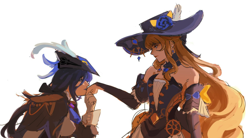 2girls, bare_shoulders, blonde_hair, blue_dress, blue_eyes, clorinde_(genshin_impact), closed_mouth, commentary