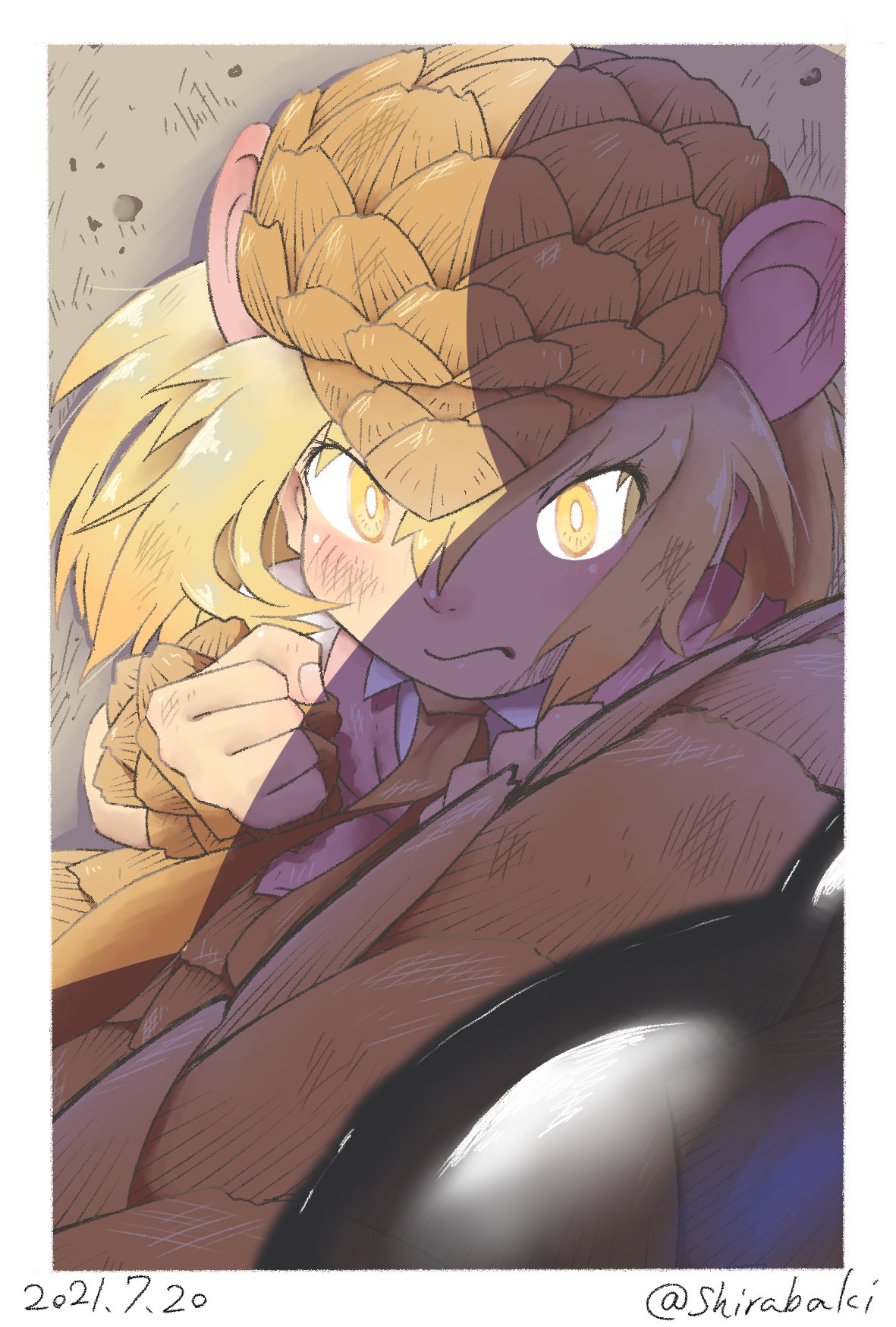 1girl, animal_ears, beret, blonde_hair, border, cardigan, dated, extra_ears