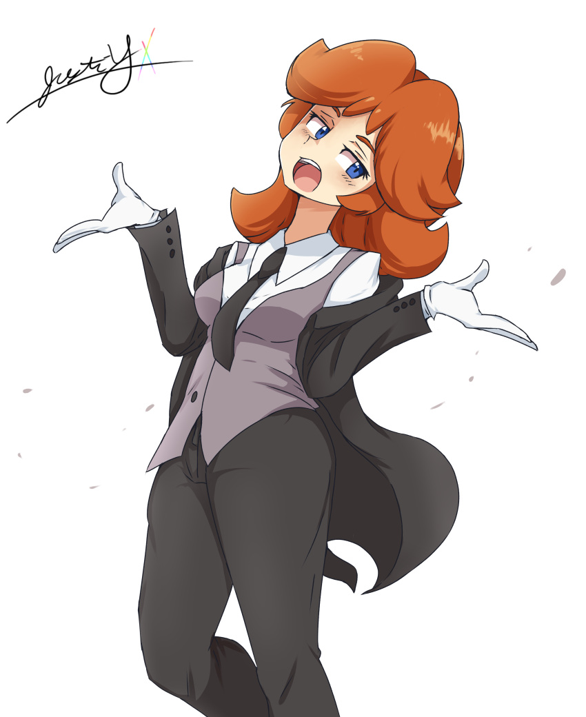 1girl, absurdres, alternate_costume, black_jacket, black_necktie, black_pants, blue_eyes, blush, brown_hair, english_commentary, gloves, grey_vest, highres, jacket, justin_yamagiwa, long_hair, necktie, open_mouth, pants, princess_daisy, shirt, shrugging, signature, simple_background, solo, suit, super_mario_bros., teeth, tuxedo, upper_teeth_only, vest, waistcoat, white_background, white_gloves, white_shirt