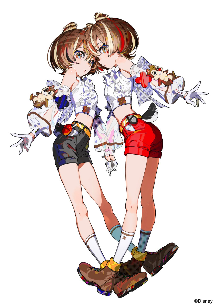 2girls, acorn_ornament, acorn_tattoo, ankle_boots, belt, ben-day_dots, black_shorts, blonde_hair