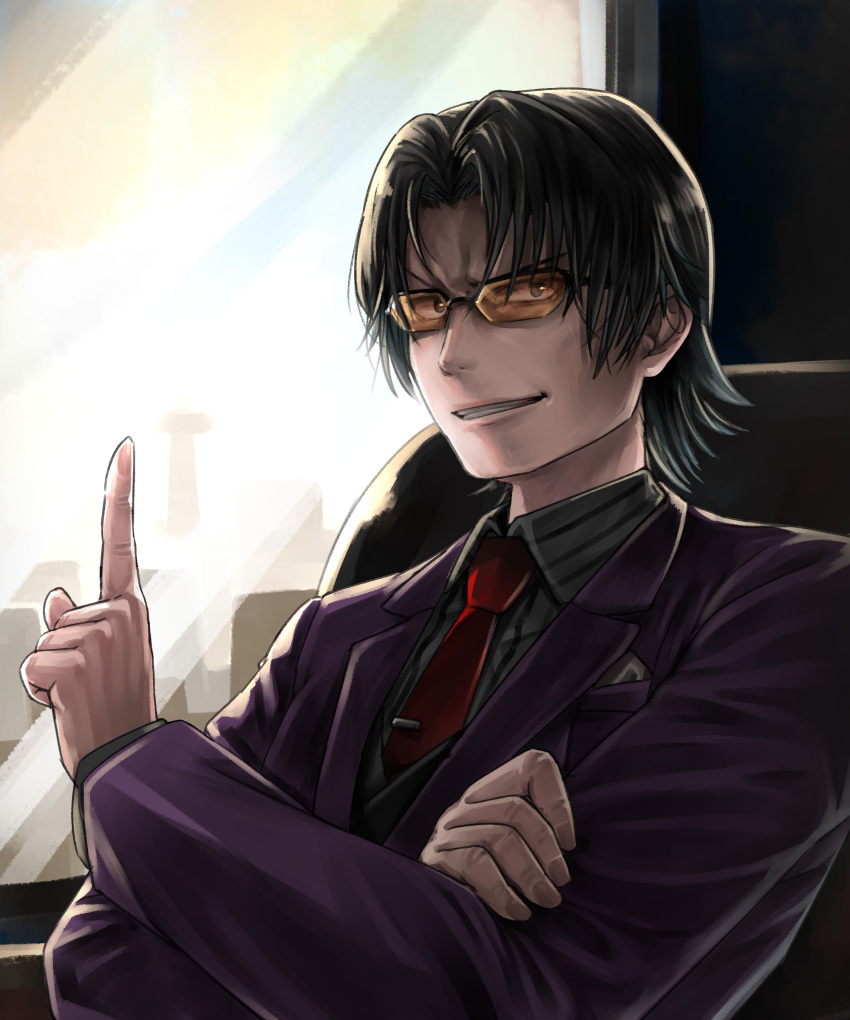 1boy, absurdres, black_hair, breast_pocket, chair, cityscape, collared_shirt, crossed_arms