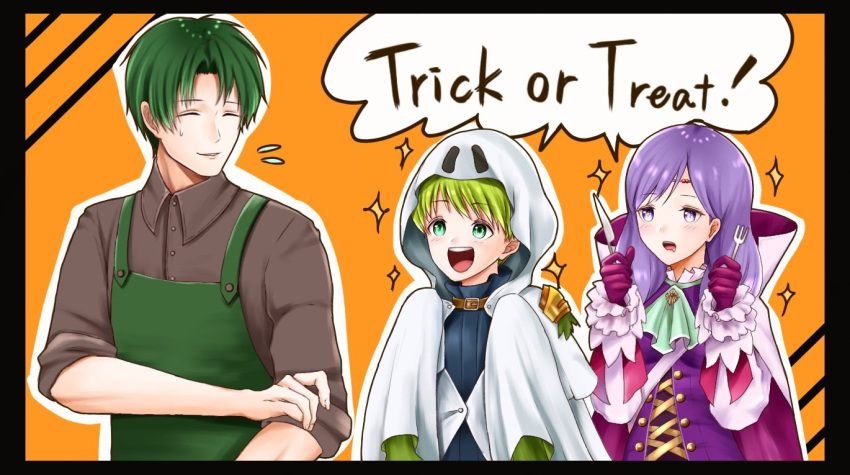1girl, 2boys, aplche, apron, ascot, brothers, closed_eyes, collared_cape