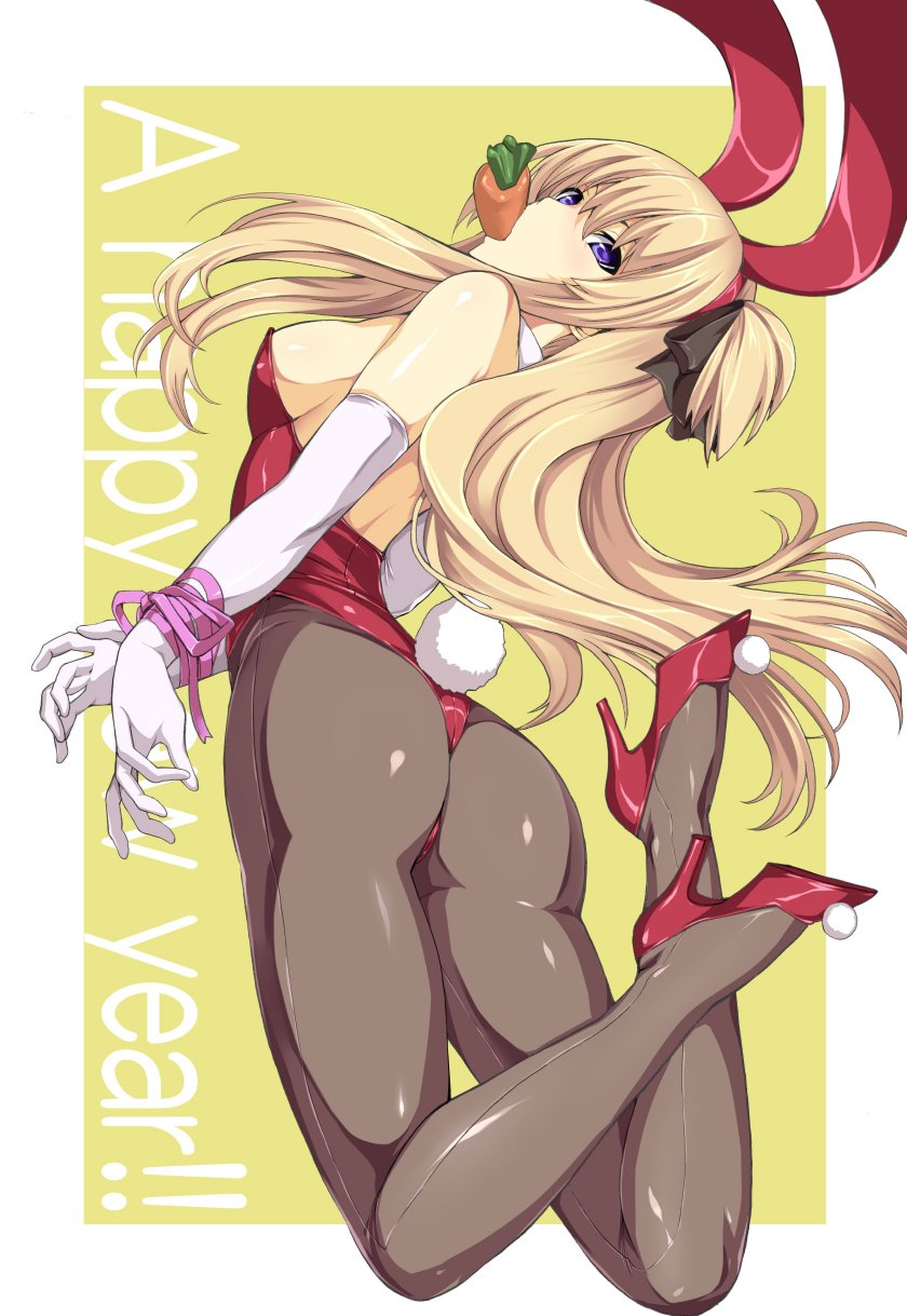 animal_ears, arched_back, ass, bdsm, blonde_hair, blue_eyes, bondage, bunny_ears