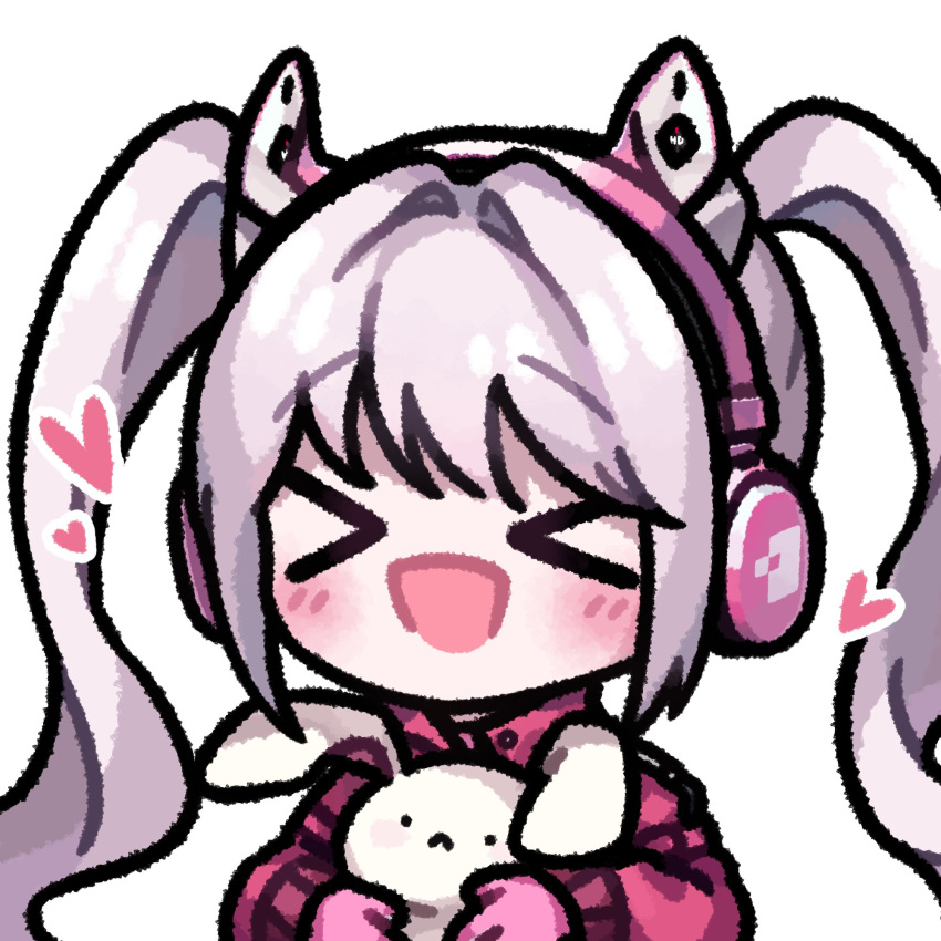 >_<, 1girl, :d, alice_(nikke), animal, animal_ear_headphones, animal_ears, blush